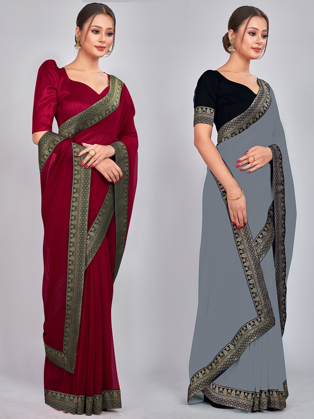 

CastilloFab Selection Of 2 Zari Pure Georgette Sarees, Maroon
