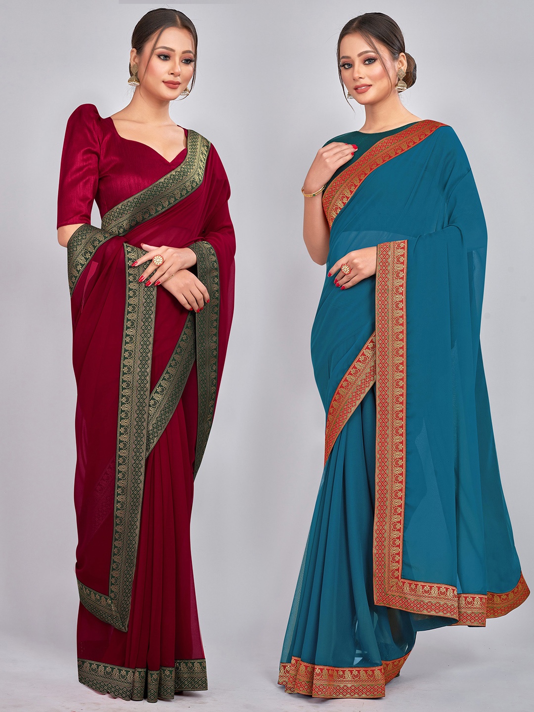 

CastilloFab Selection Of 2 Pure Georgette Sarees, Teal