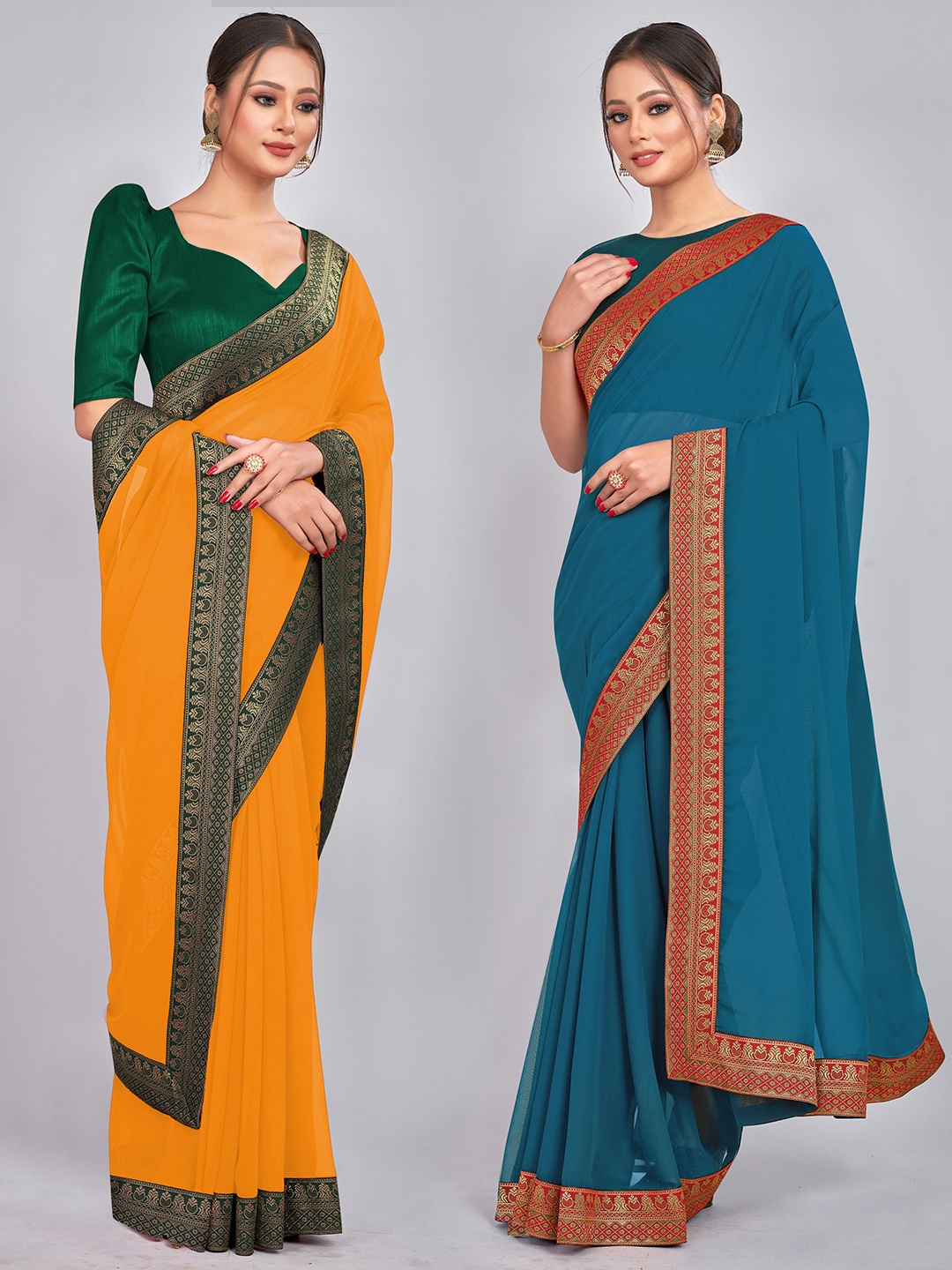 

CastilloFab Selection of 2 Zari Pure Georgette Saree, Teal