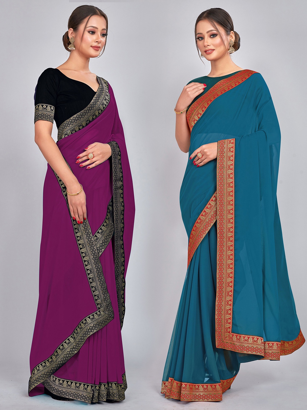 

CastilloFab Selection Of 2 Pure Georgette Sarees, Teal