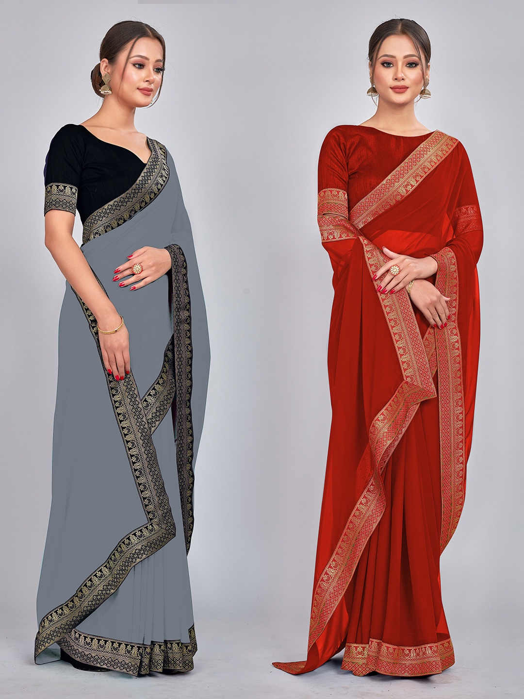 

CastilloFab Selection Of 2 Pure Georgette Sarees, Red