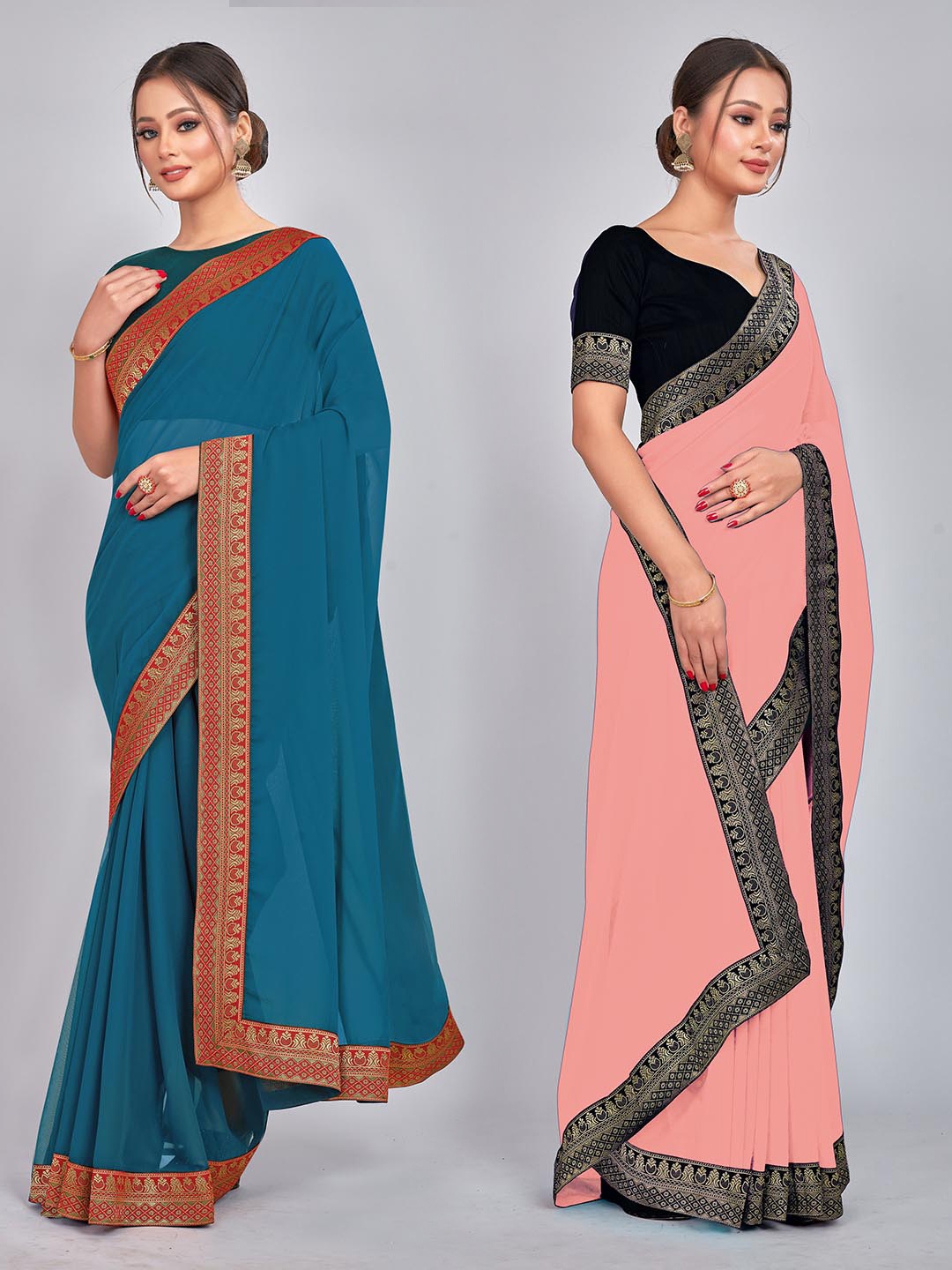 

CastilloFab Selection Of 2 Pure Georgette Sarees, Teal