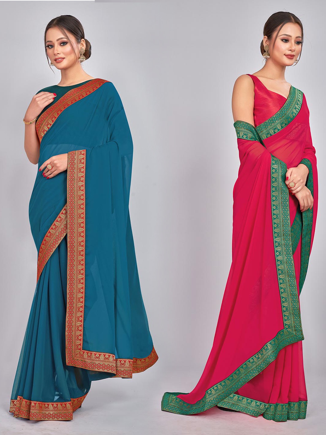 

CastilloFab Selection Of 2 Pure Georgette Sarees, Teal