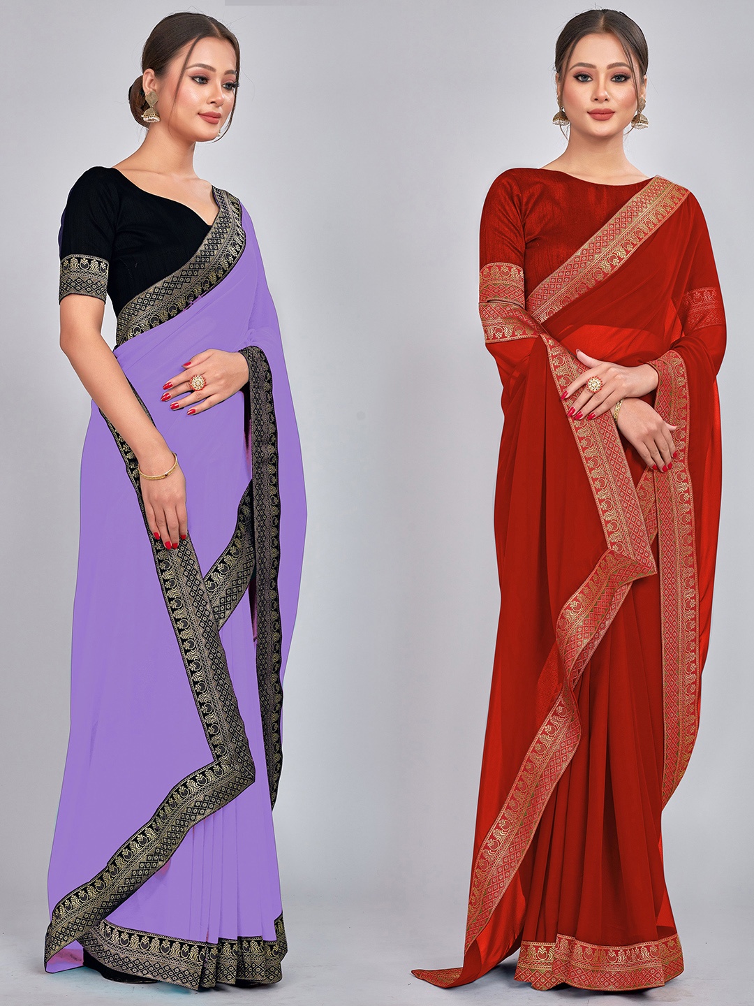 

CastilloFab Selection Of 2 Pure Georgette Zari Saree, Red