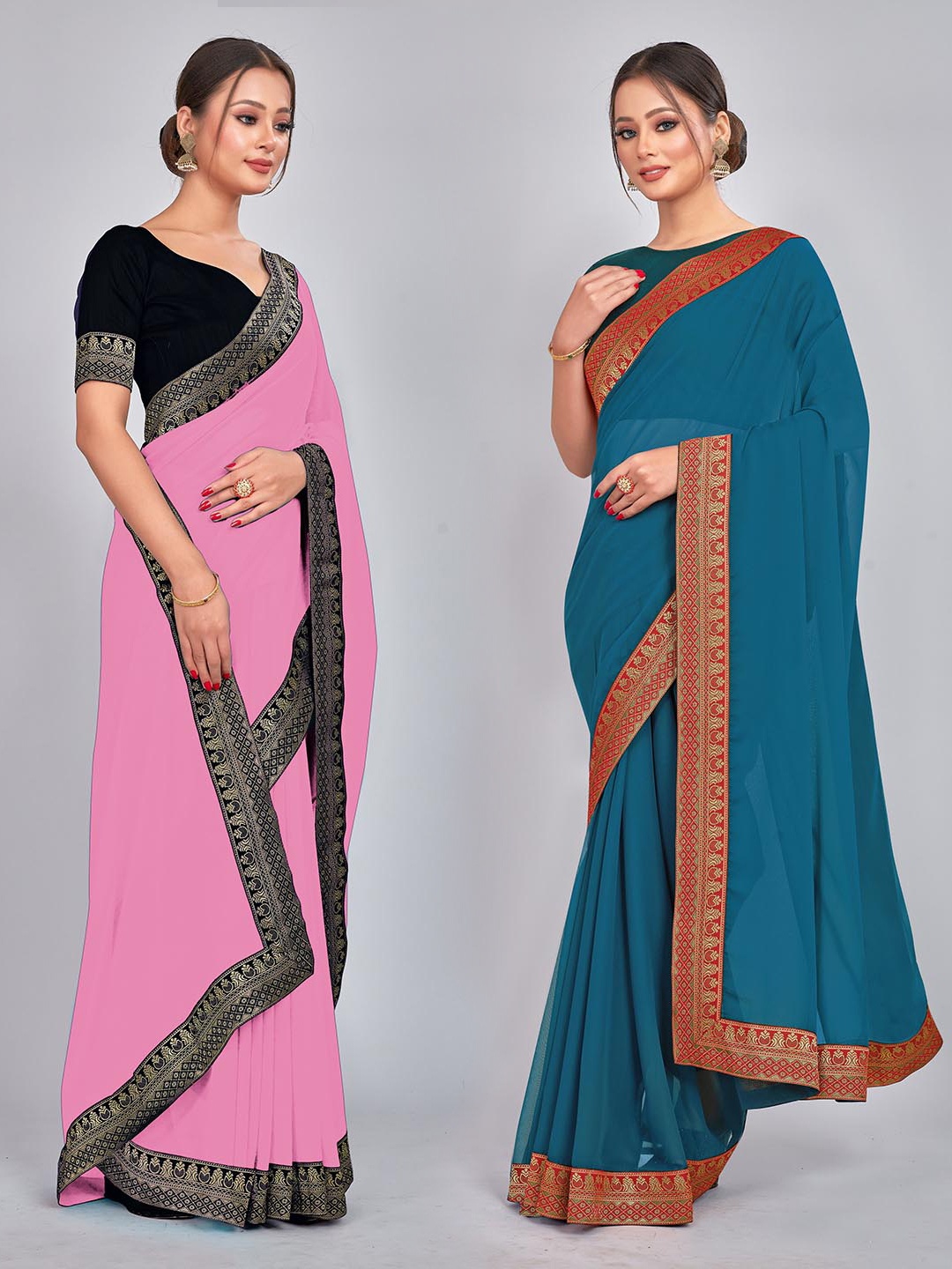 

CastilloFab Selection of 2 Zari Pure Georgette Saree, Teal