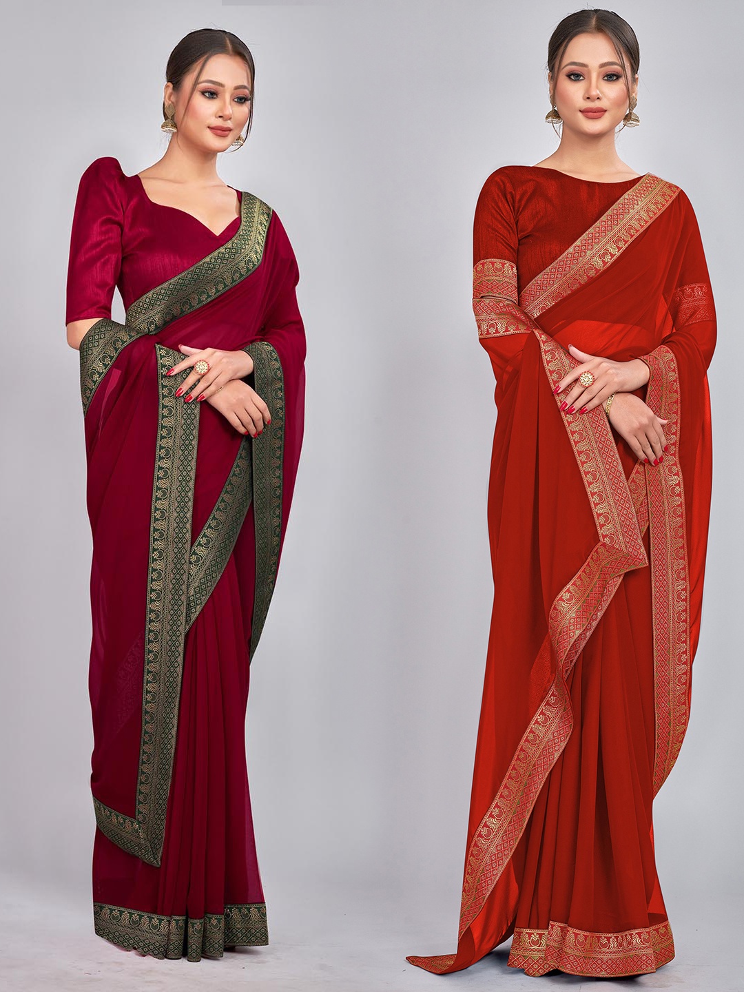 

CastilloFab Selection Of 2 Pure Georgette Sarees, Red