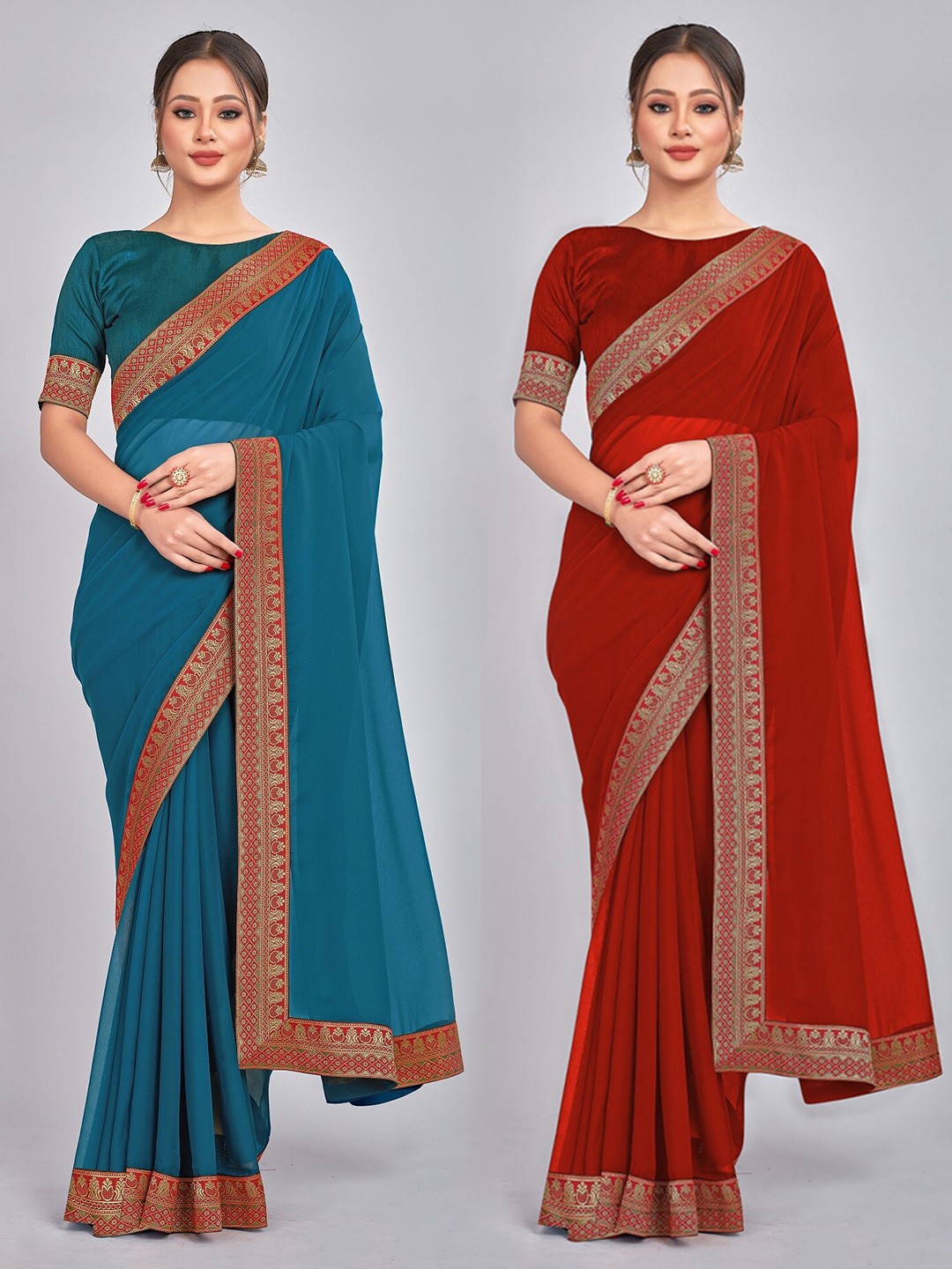 

CastilloFab Woven Design Pure Georgette Saree, Red