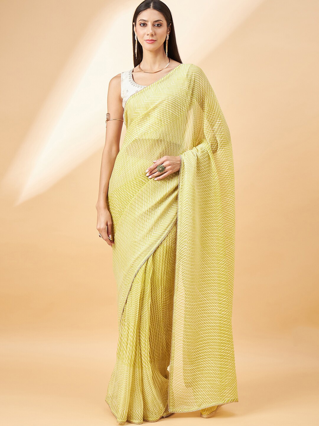 

all about you Striped Embellished Pure Chiffon Saree, Green