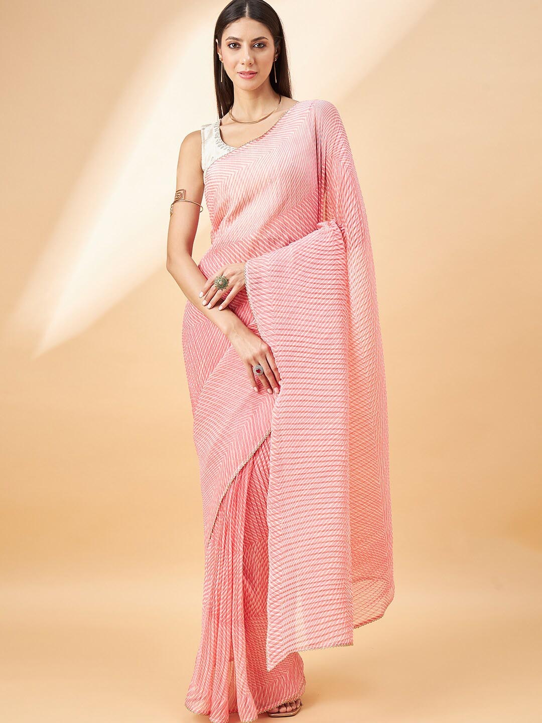 

all about you Striped Embellished Pure Chiffon Saree, Pink