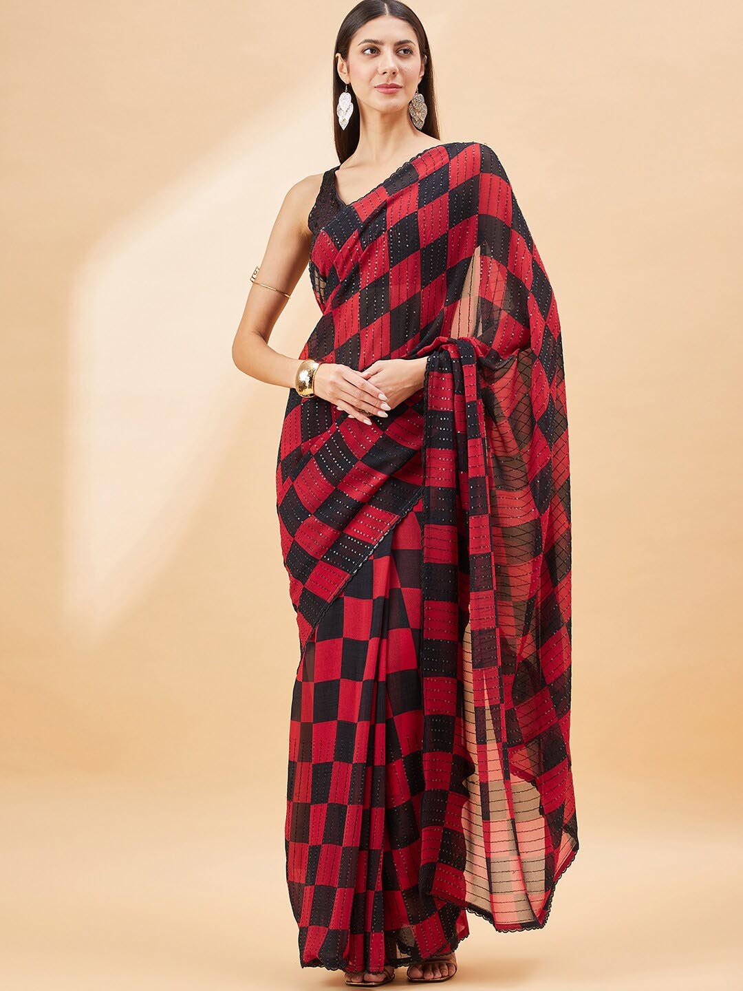 

all about you Checked Sequinned Embellished Pure Georgette Saree, Red