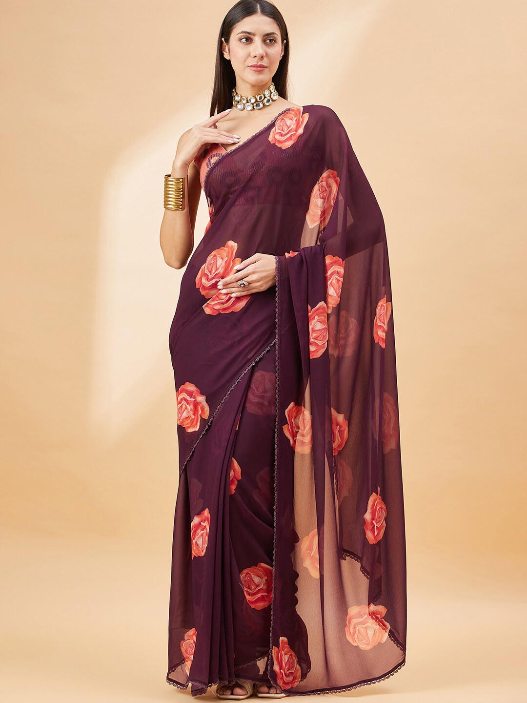 

all about you Floral Embellished Pure Georgette Saree, Purple