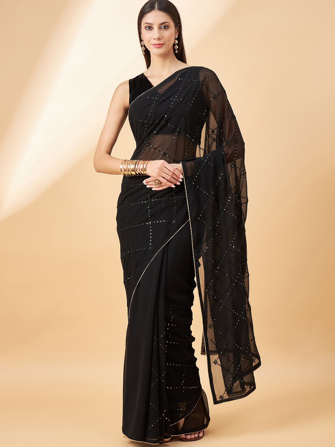 

all about you Striped Sequinned Embellished Pure Chiffon Saree, Black