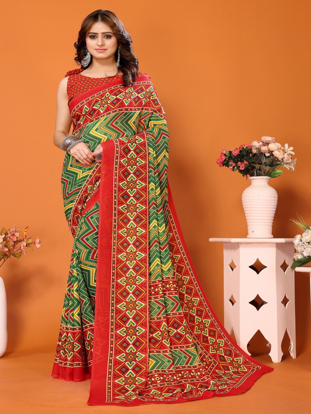 

Bought First Geometric Printed Block Print Saree, Green