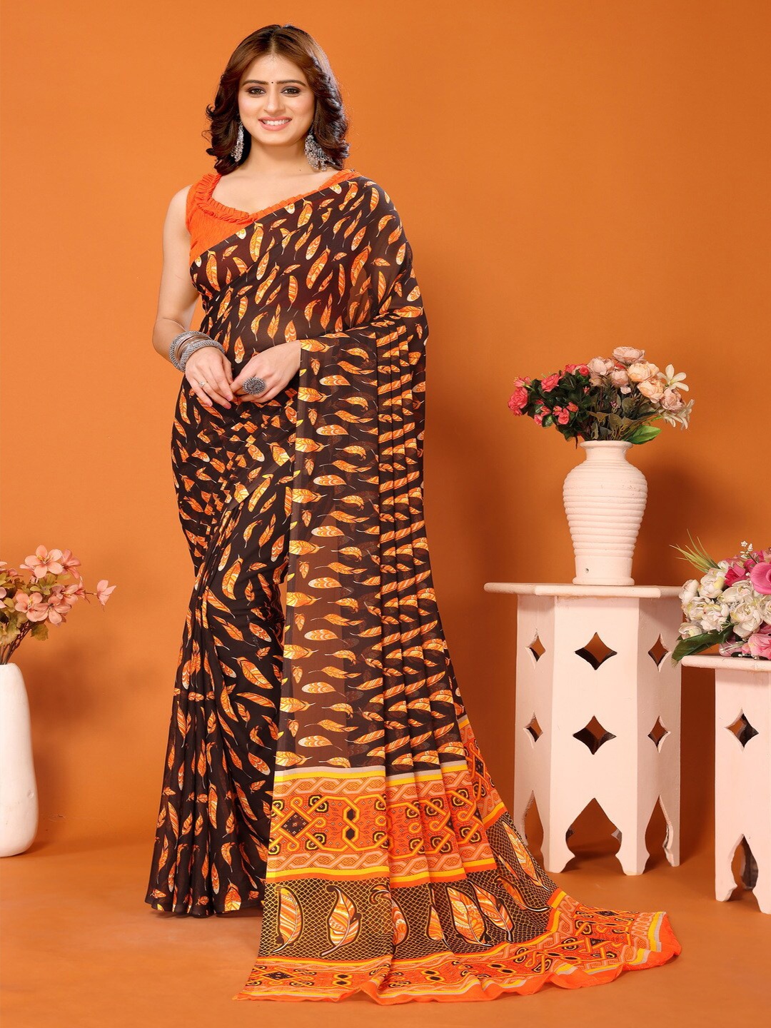 

Bought First Geometric Printed Block Print Saree, Brown