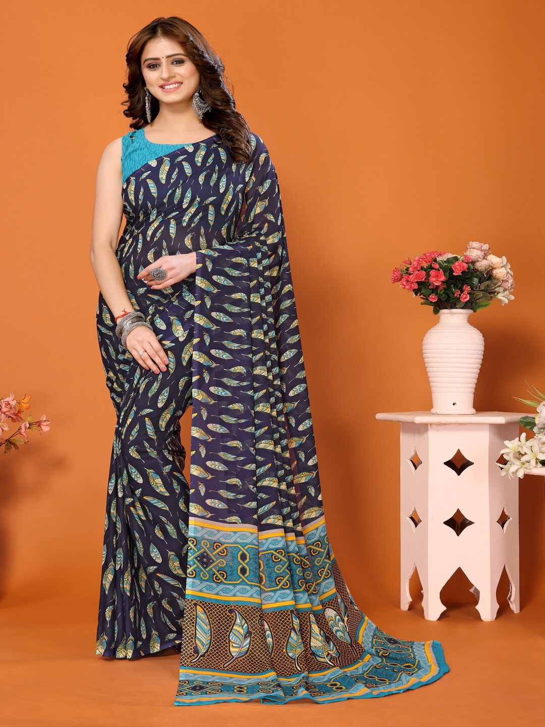 

Bought First Floral Printed Block Print Saree, Blue