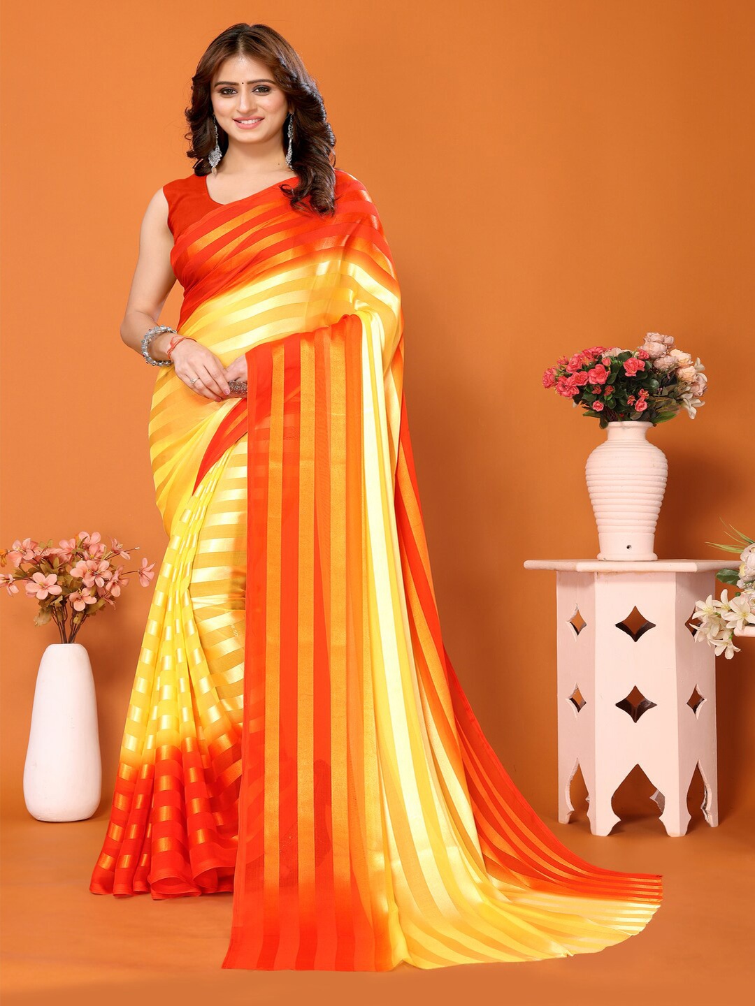 

Bought First Striped Block Print Saree, Yellow