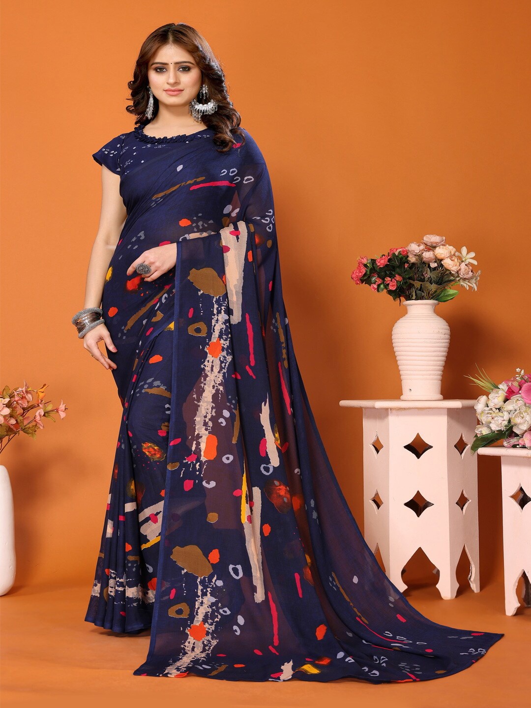 

Bought First Abstract Dyed Block Print Saree, Blue
