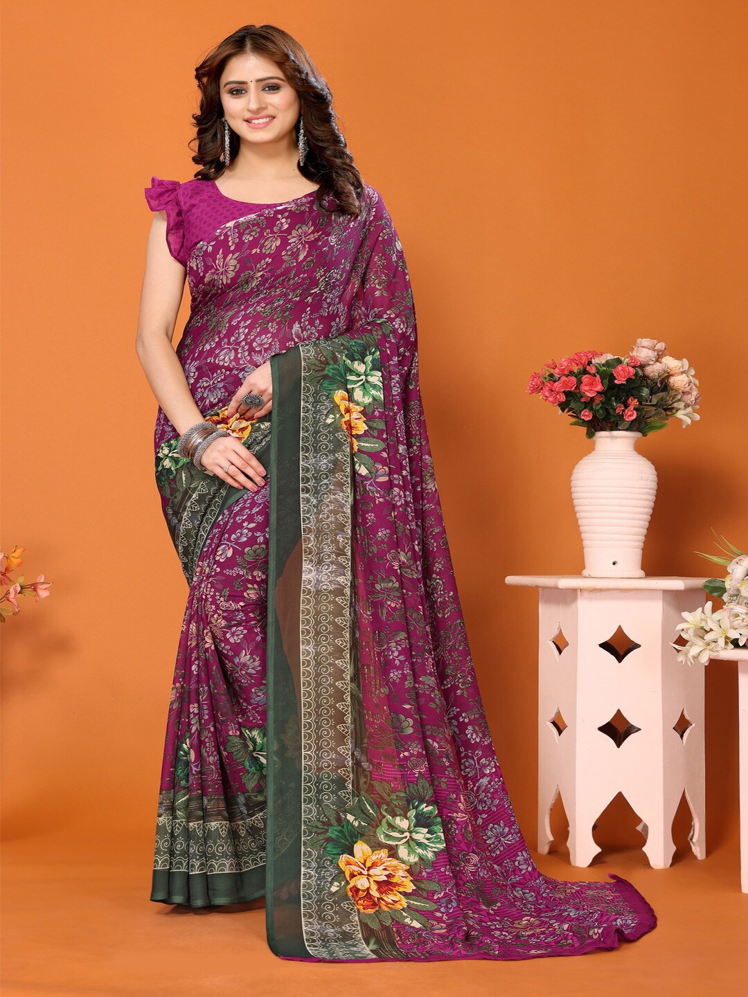 

Bought First Floral Printed Block Print Saree, Purple