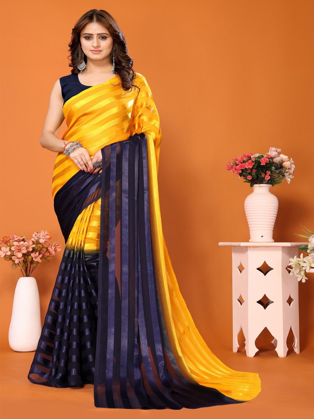 

Bought First Striped Block Print Saree, Blue