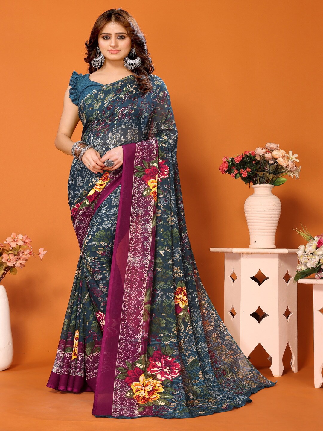 

Bought First Floral Printed Block Print Saree, Blue