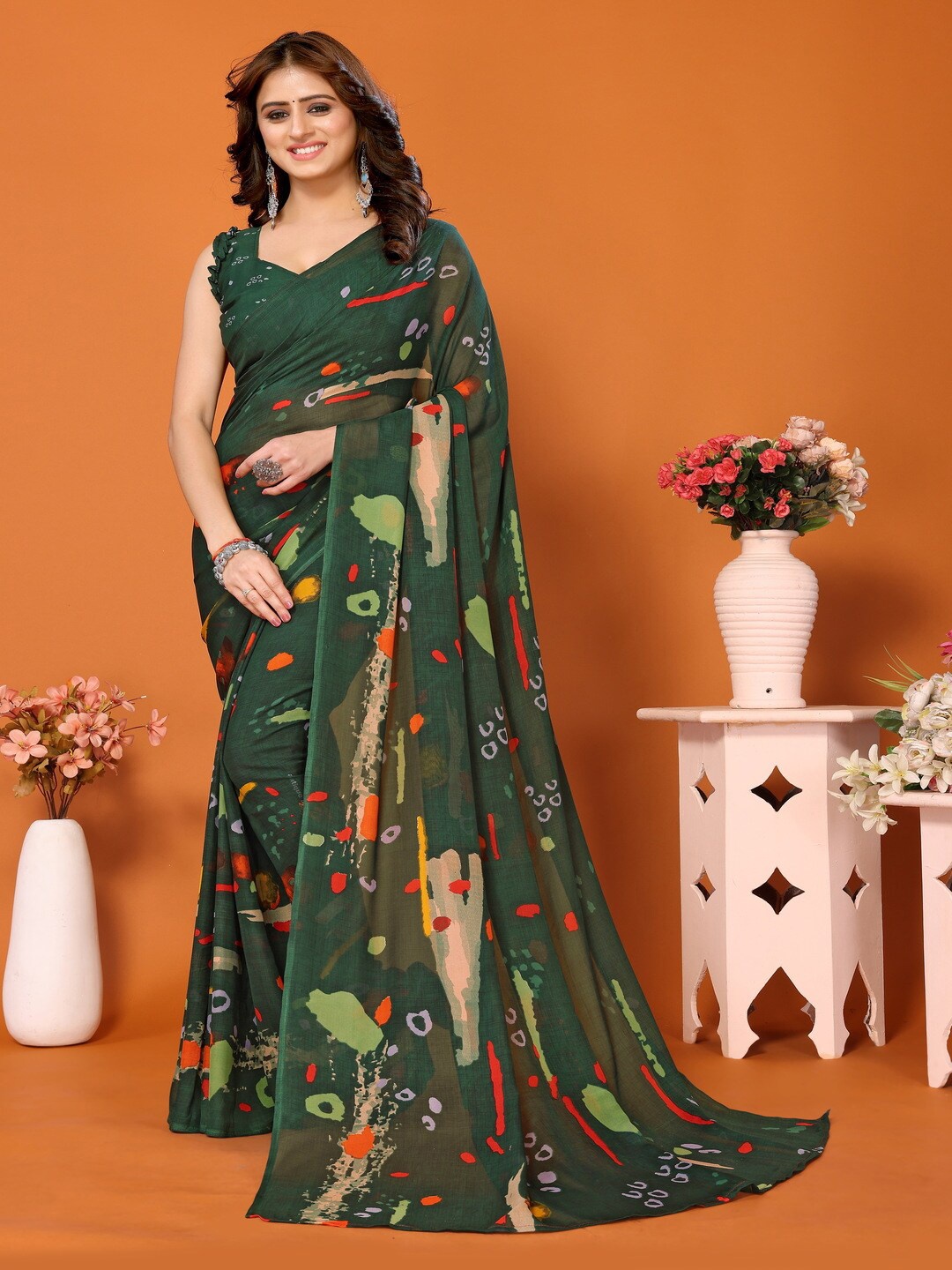 

Bought First Abstract Printed Block Print Saree, Green