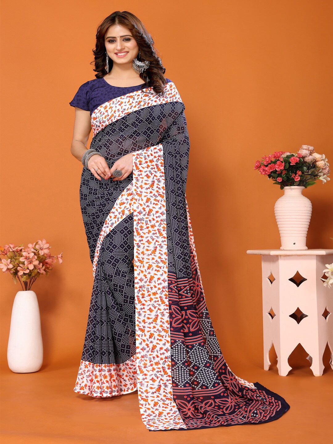 

Bought First Geometric Printed Block Print Saree, Blue