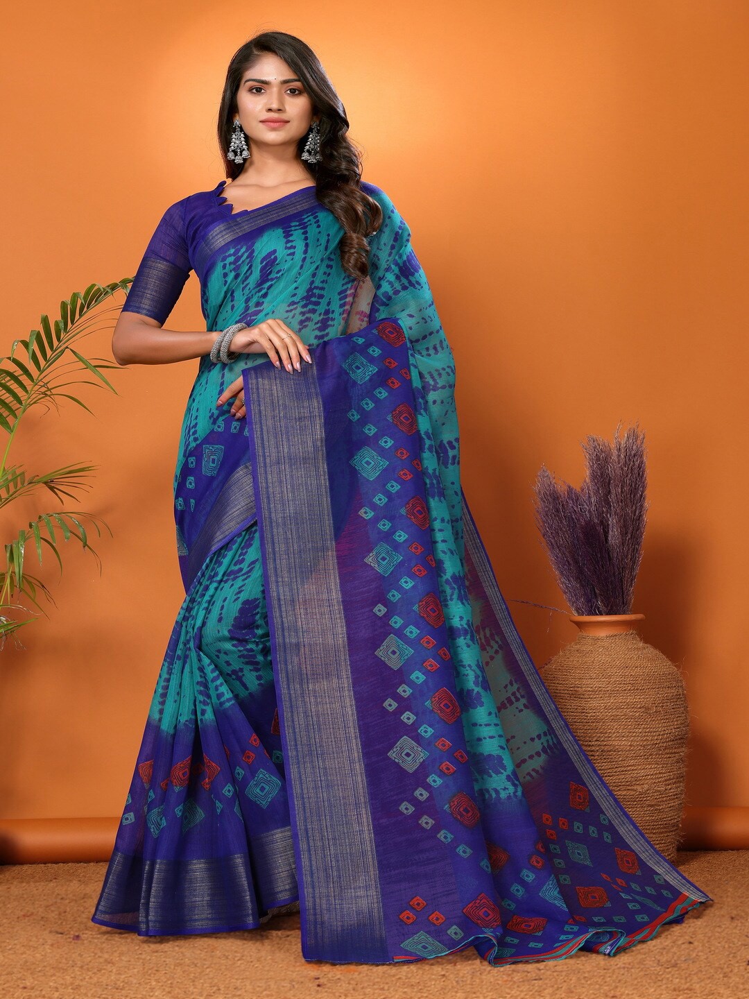 

Bought First Geometric Dyed Zari Block Print Saree, Blue