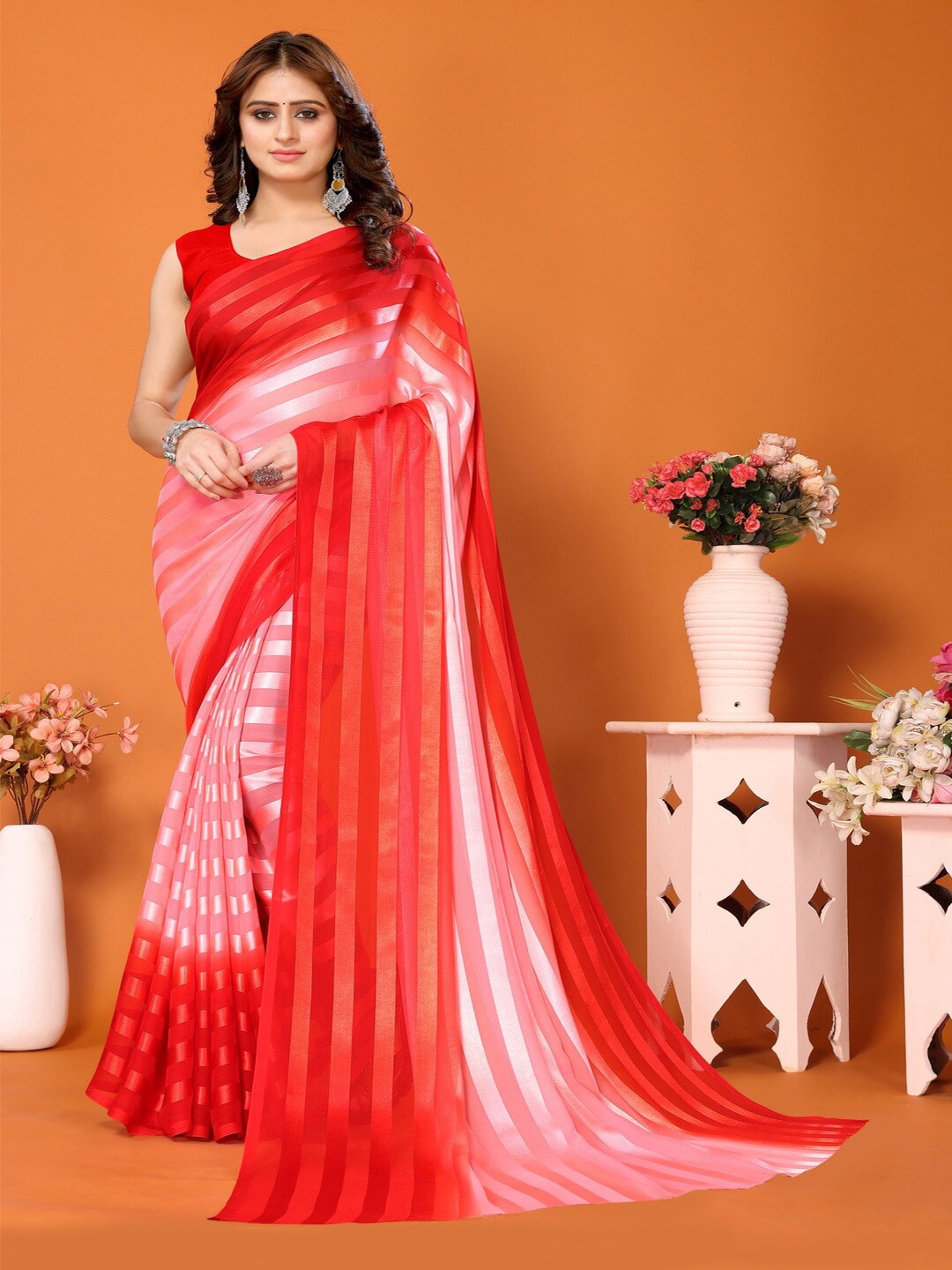 

Bought First Striped Block Print Saree, Red