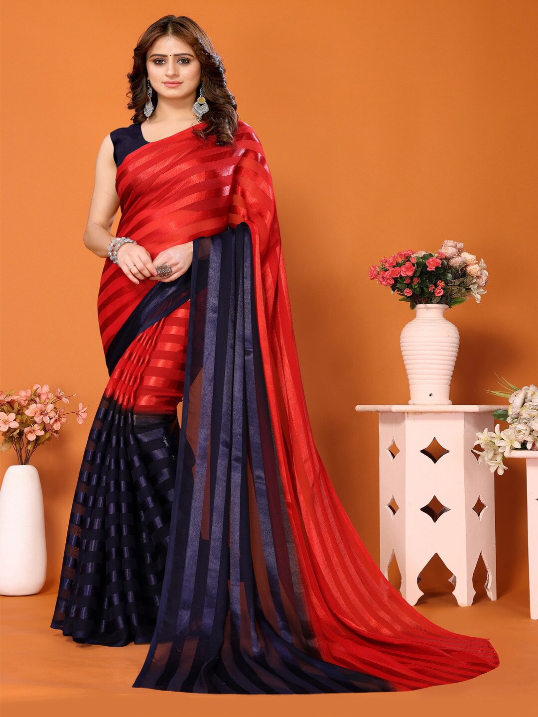 

Bought First Striped Block Print Saree, Red