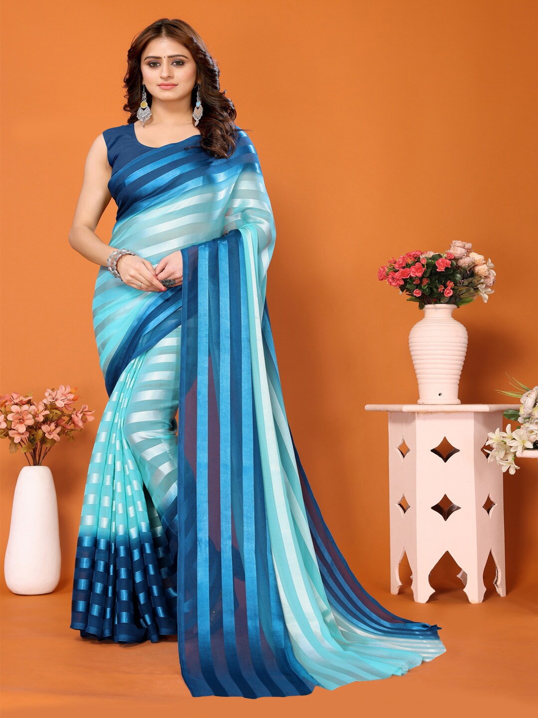 

Bought First Striped Block Print Saree, Blue