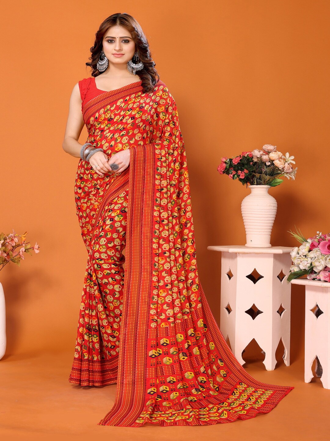

Bought First Geometric Printed Block Print Saree, Orange