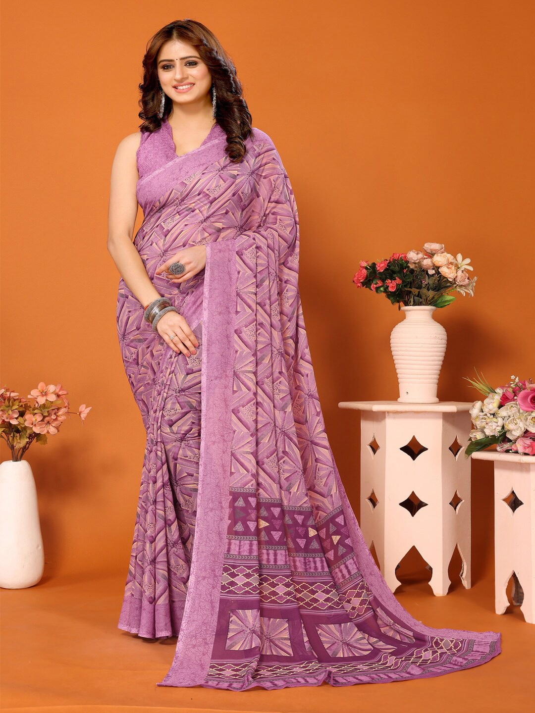 

Bought First Geometric Printed Block Print Saree, Purple