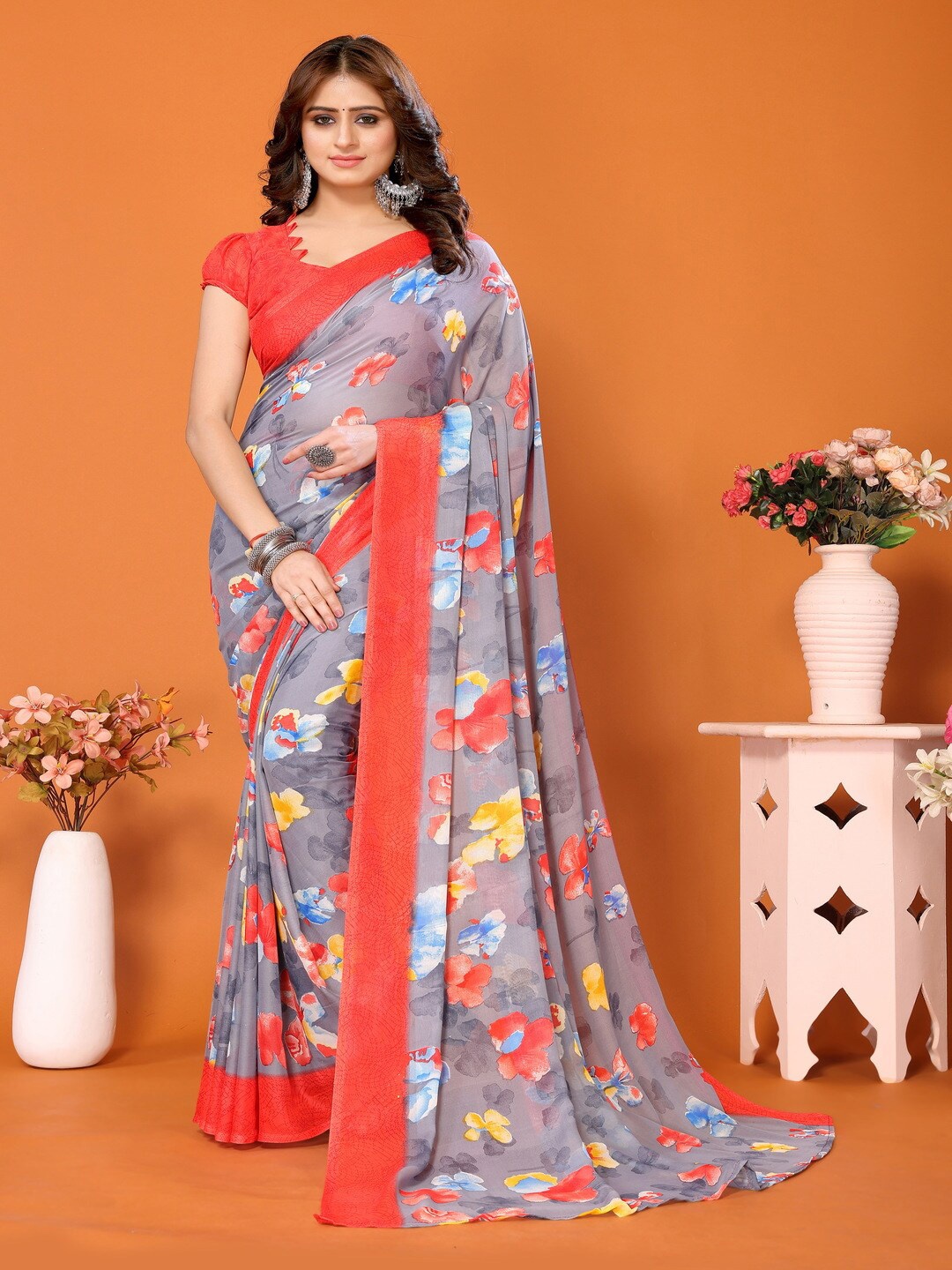 

Bought First Floral Printed Block Print Saree, Grey