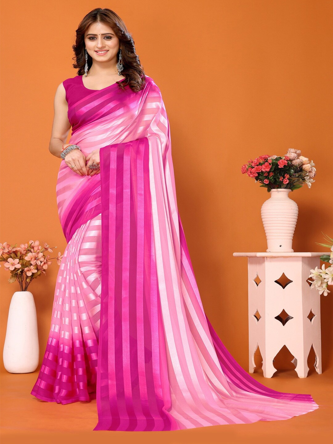 

Bought First Striped Block Print Saree, Pink