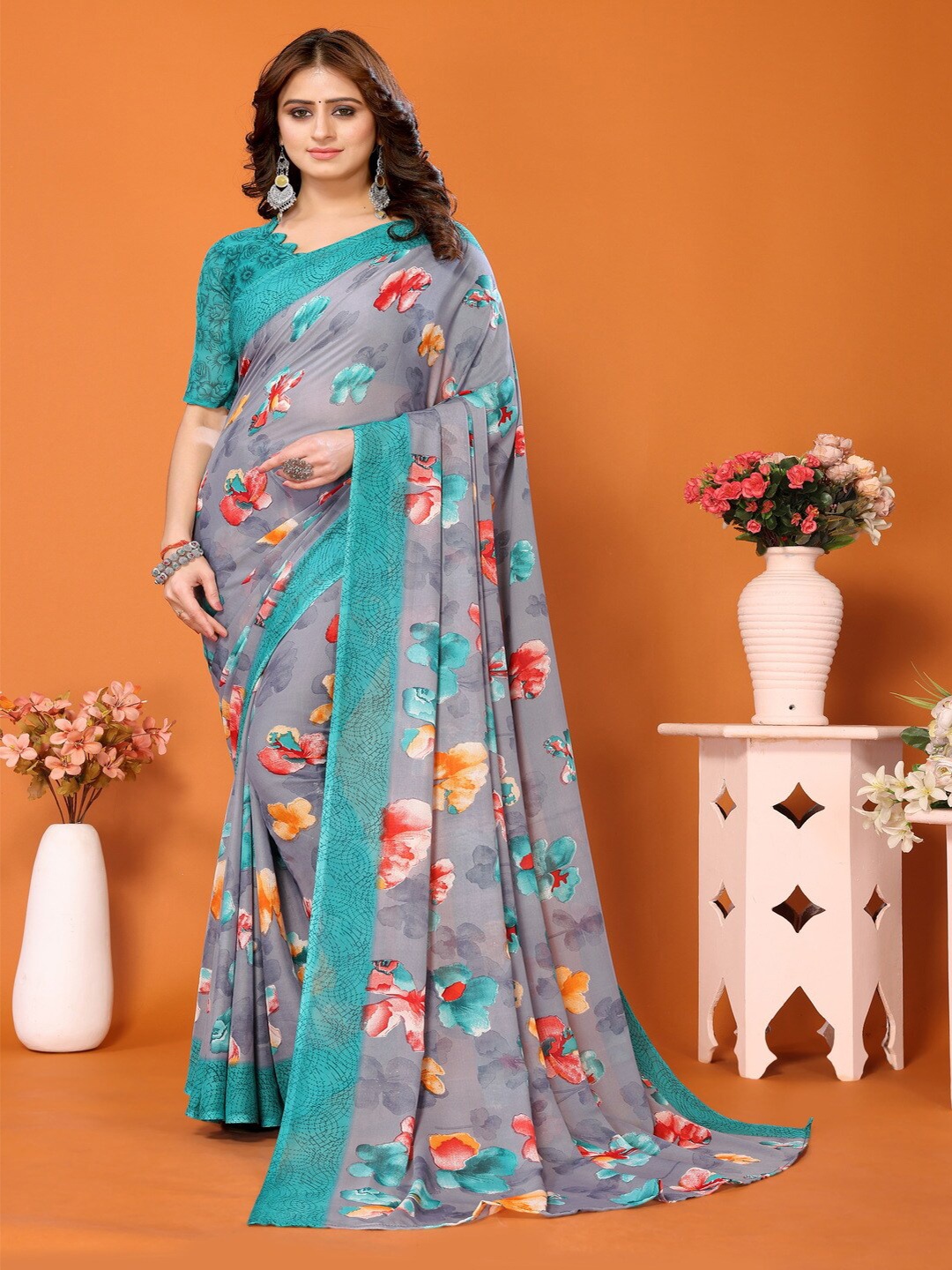 

Bought First Floral Printed Block Print Saree, Blue