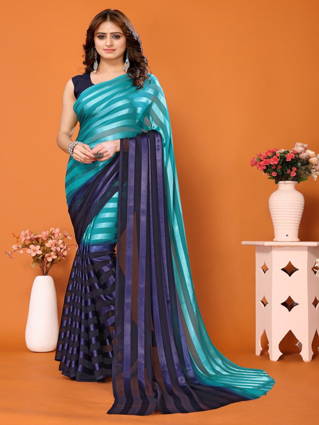 

Bought First Striped Printed Saree, Blue