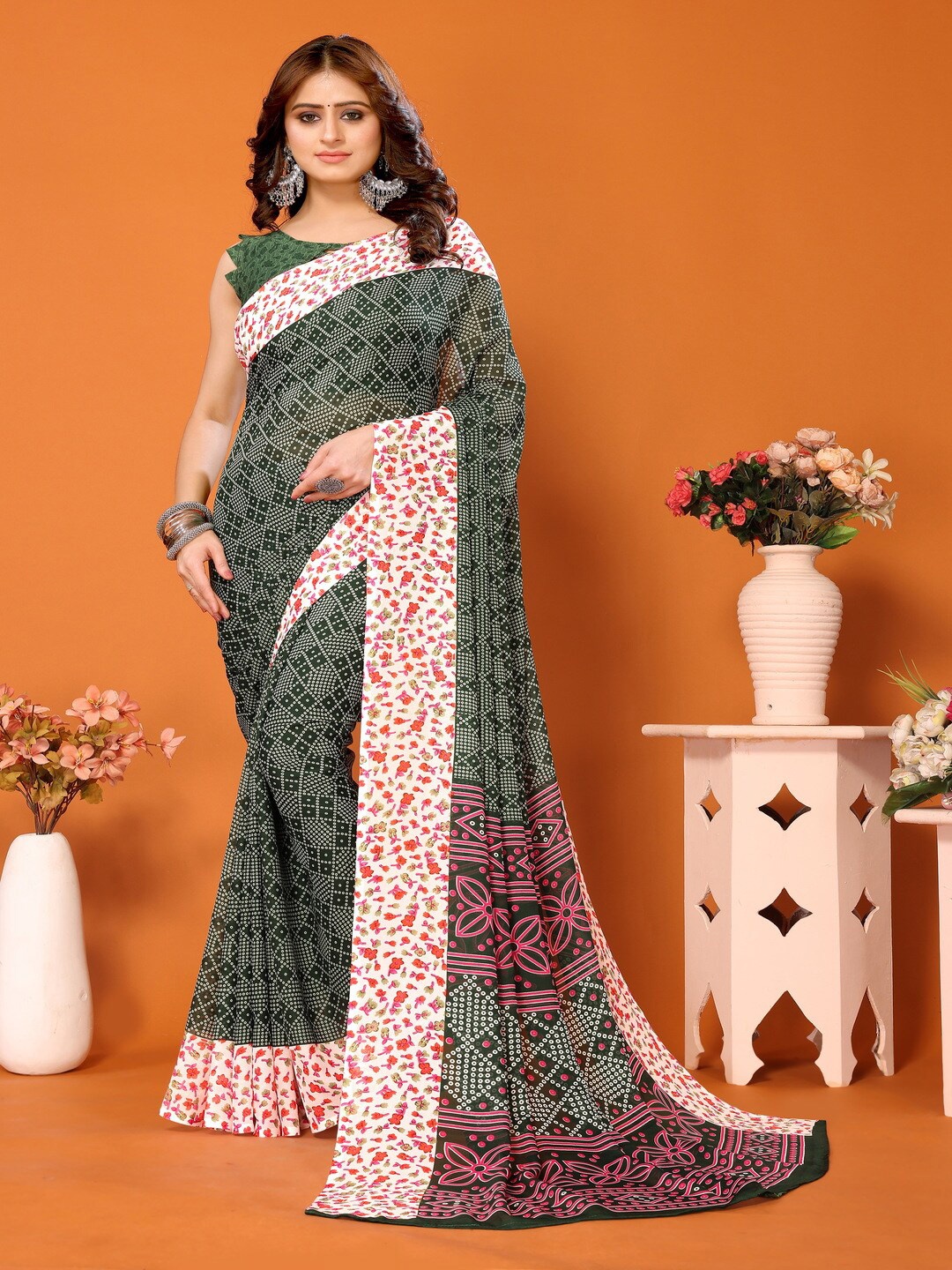 

Bought First Bandhani Printed Saree, Green