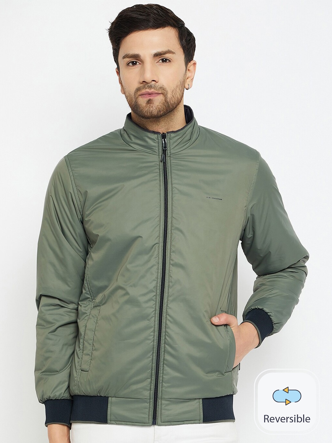 

Okane Mock Collar Long Sleeves Reversible Bomber Jacket, Olive