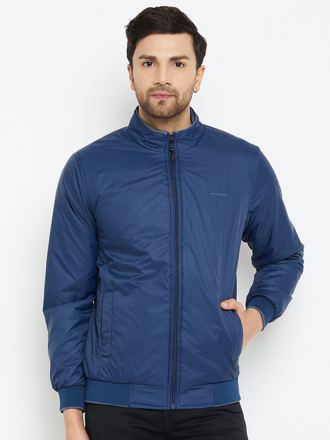 

Okane Mock Collar Long Sleeves Reversible Bomber Jacket, Navy blue