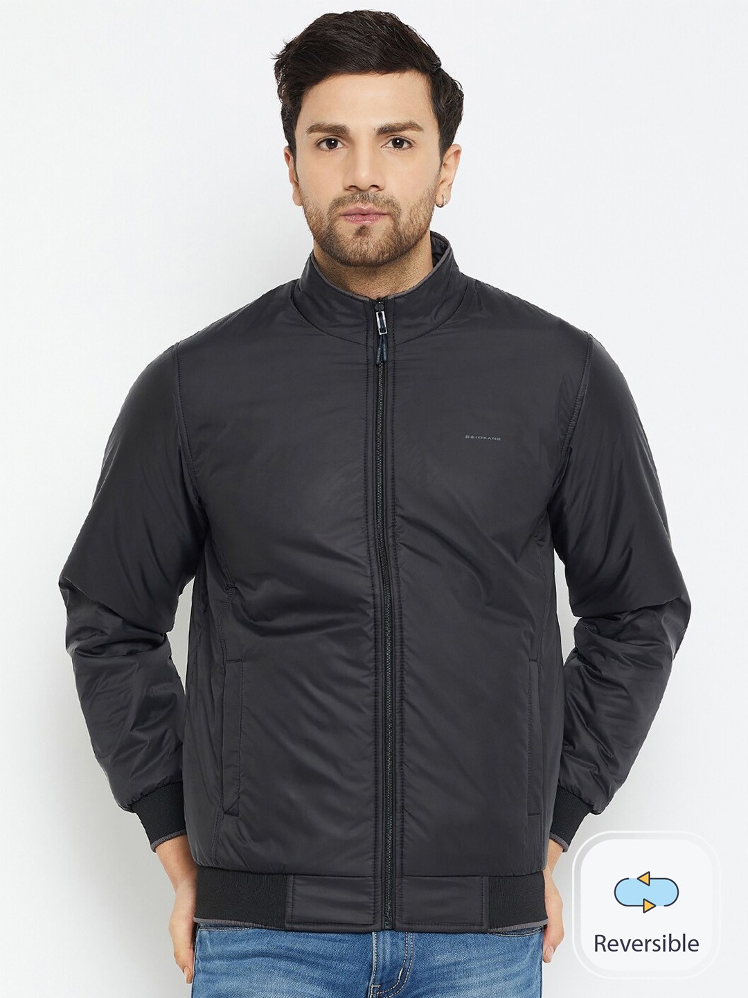 

Okane Mock Collar Long Sleeves Reversible Bomber Jacket, Black