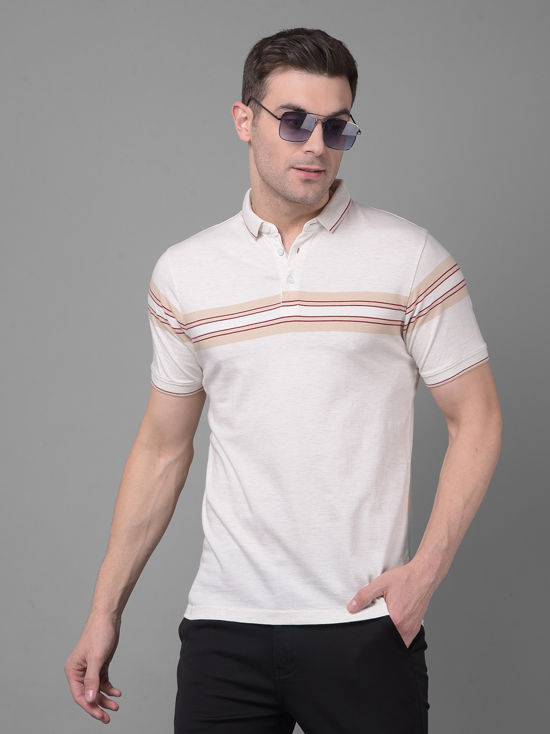 

Crimsoune Club Striped Polo Collar Slim Fit T-shirt, Off white