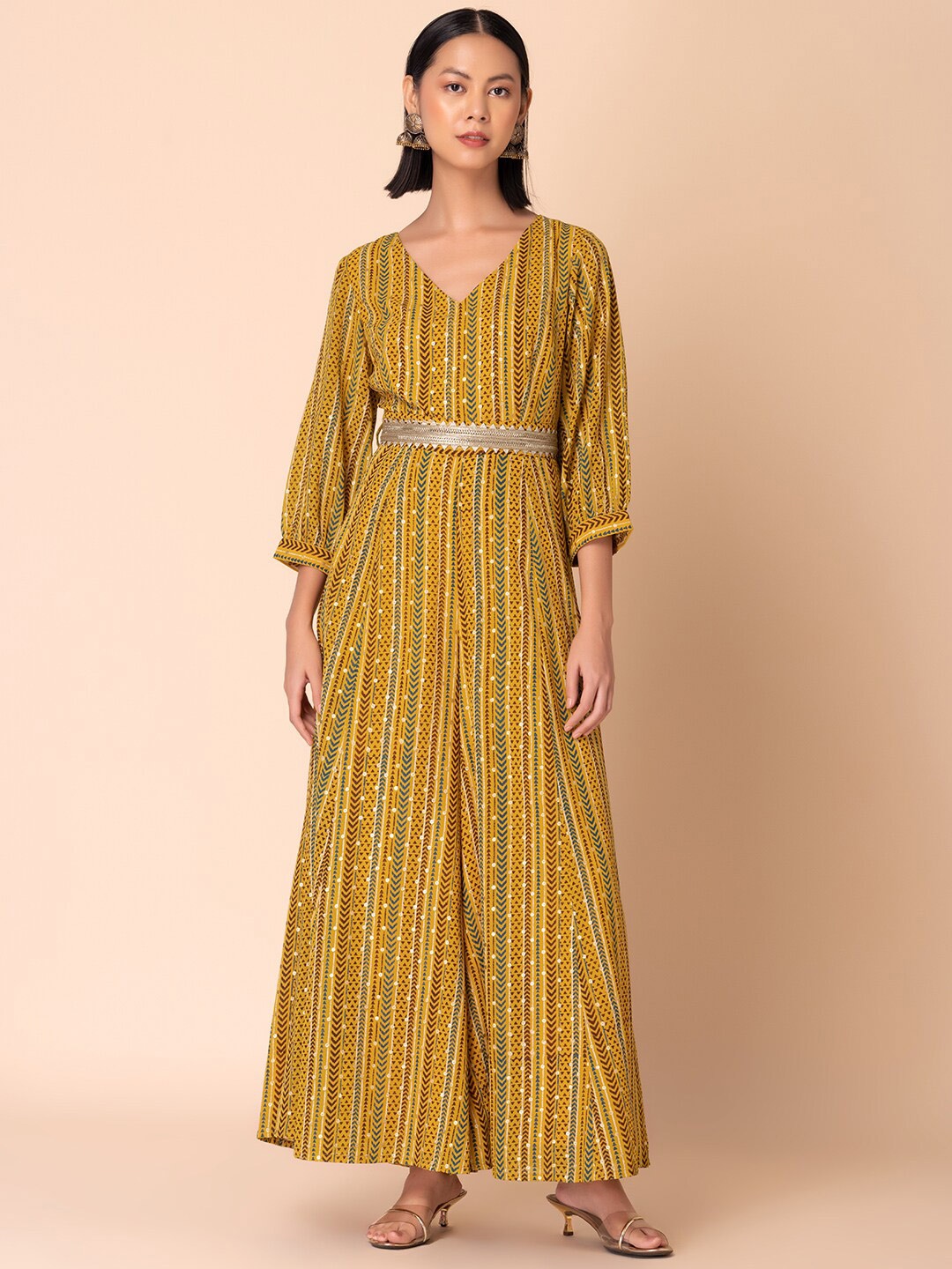 

INDYA Geometric Printed Jumpsuit With Belt, Yellow