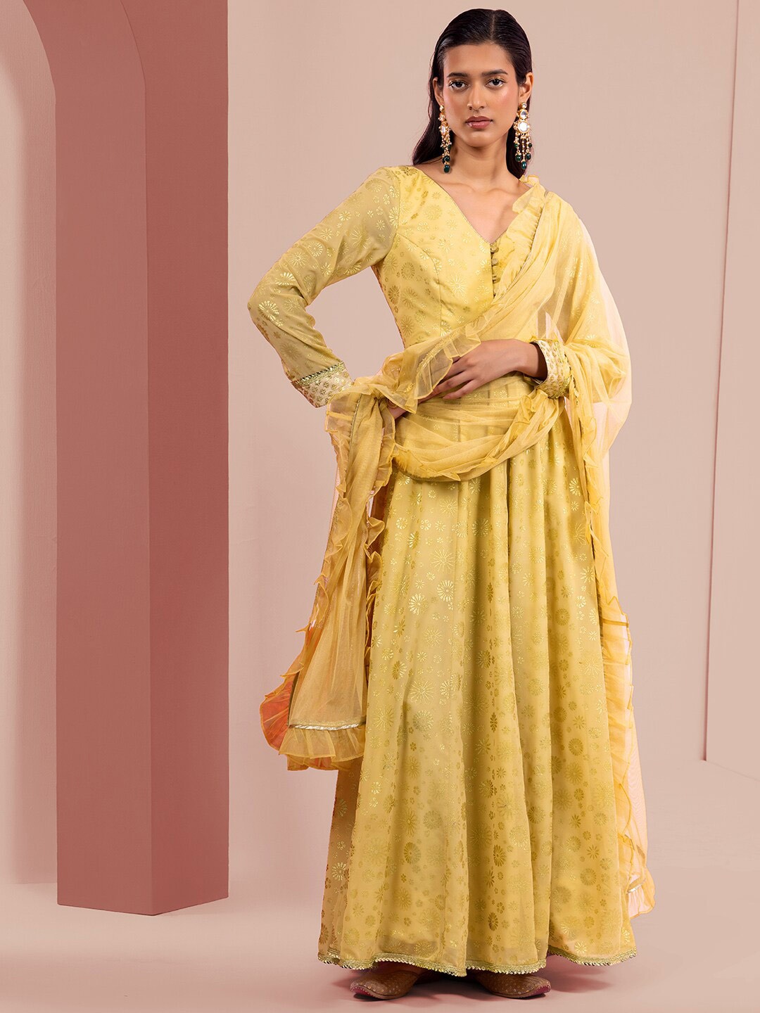 

INDYA Printed Anarkali Kurta with Dupatta, Beige