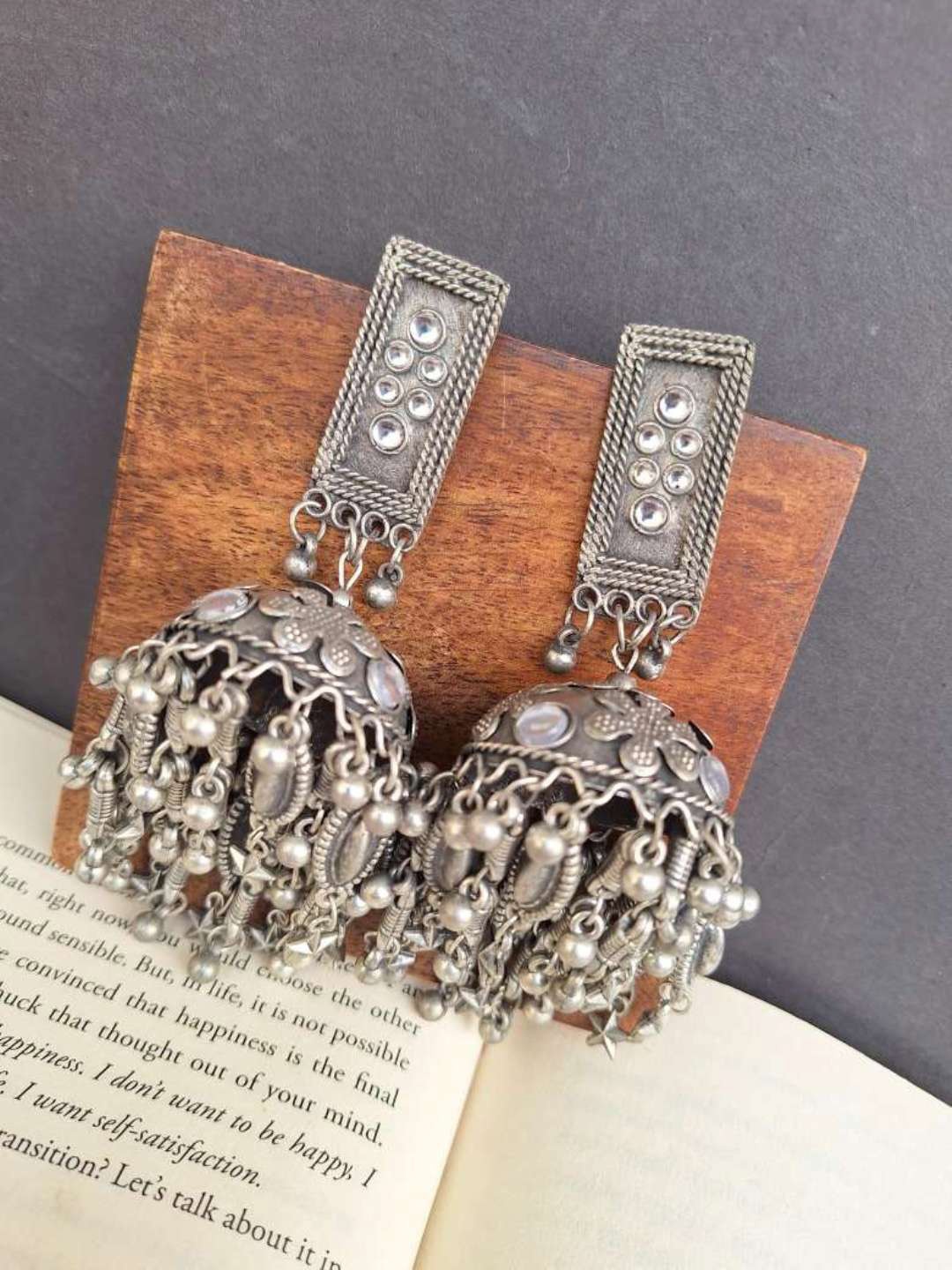 

Crunchy Fashion Silver-Plated Kundan Studded Dome Shaped Oxidised Jhumkas, Grey