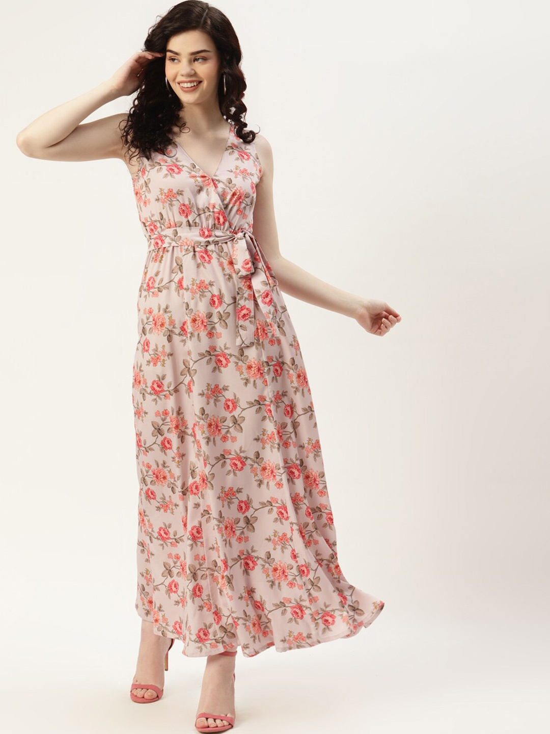 

SIRIKIT Beige Floral Print Crepe Fit & Flare Maxi Dress