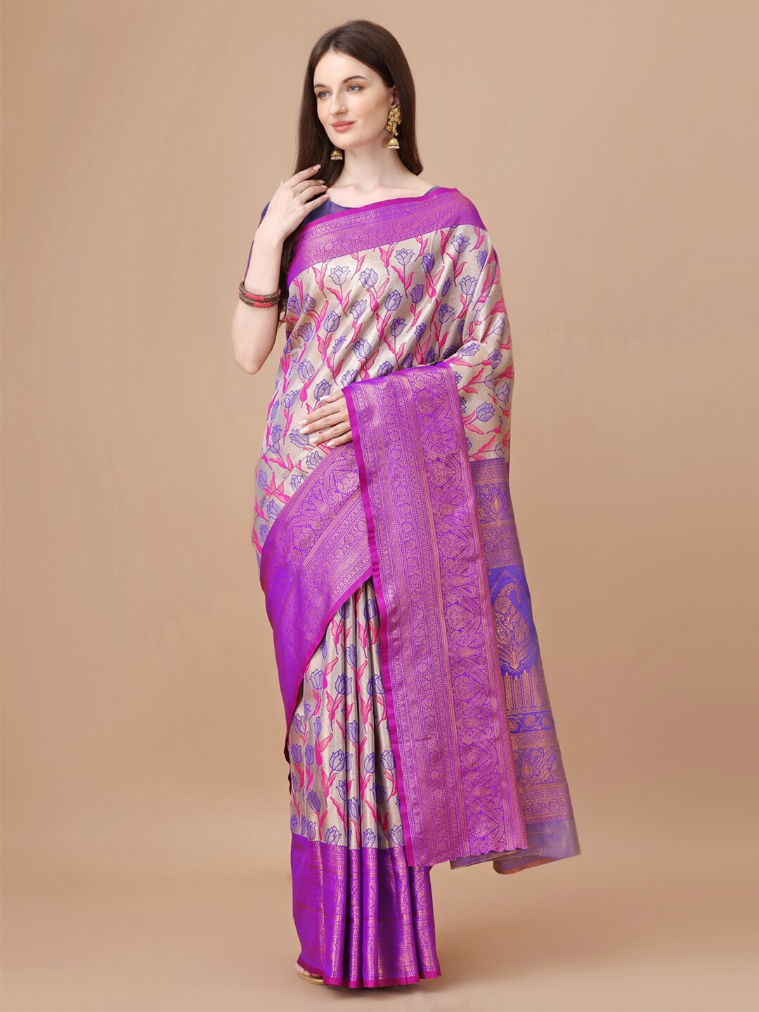 

JUST FASHION Floral Woven Design Zari Kanjeevaram Saree, Purple