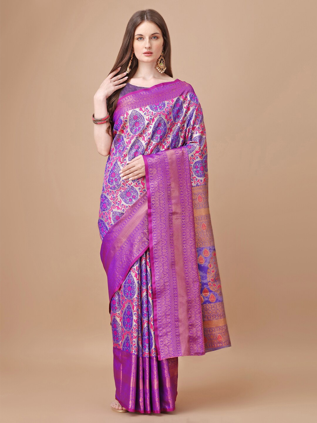 

JUST FASHION Ethnic Motifs Woven Design Zari Kanjeevaram Saree, Purple