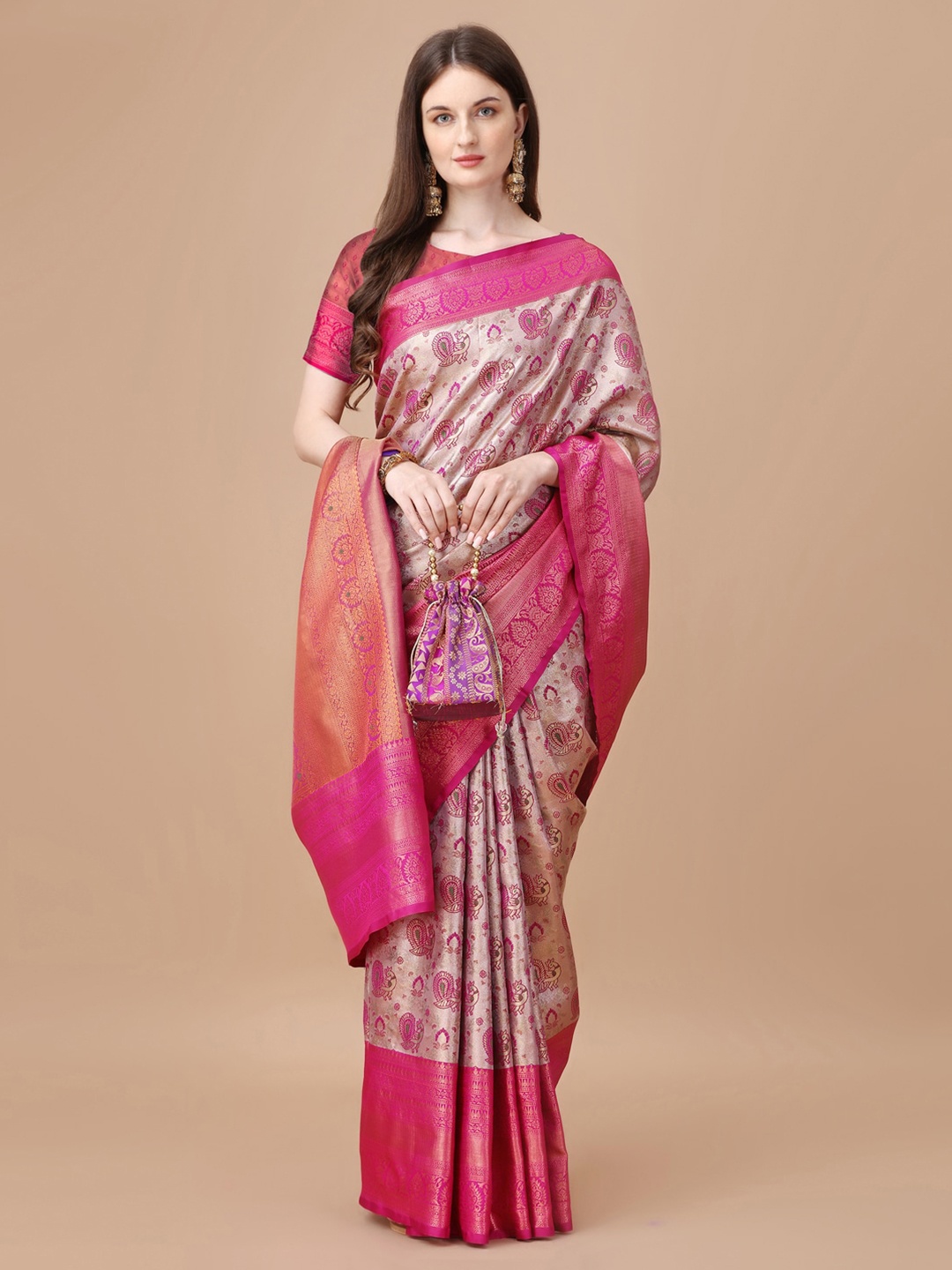 

JUST FASHION Ethnic Motifs Woven Design Zari Kanjeevaram Saree, Magenta