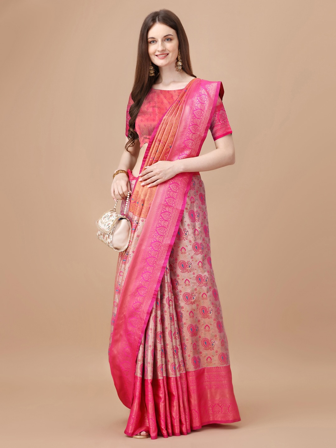 

JUST FASHION Ethnic Motifs Woven Design Zari Kanjeevaram Saree, Pink