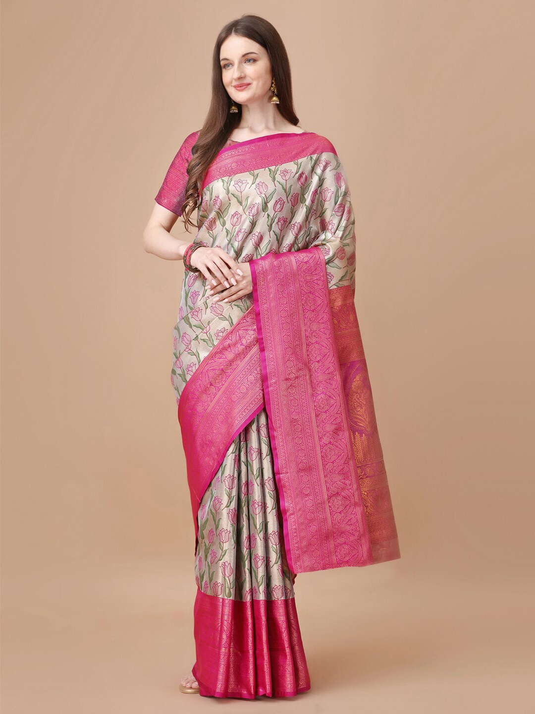 

JUST FASHION Floral Woven Design Zari Kanjeevaram Saree, Magenta